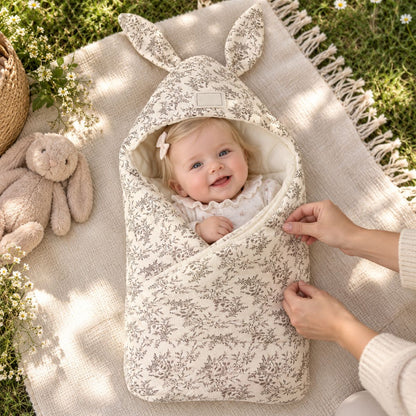 Nid d'ange naissance motif floral avec capuche à oreilles de lapin, bébé installé à l’intérieur