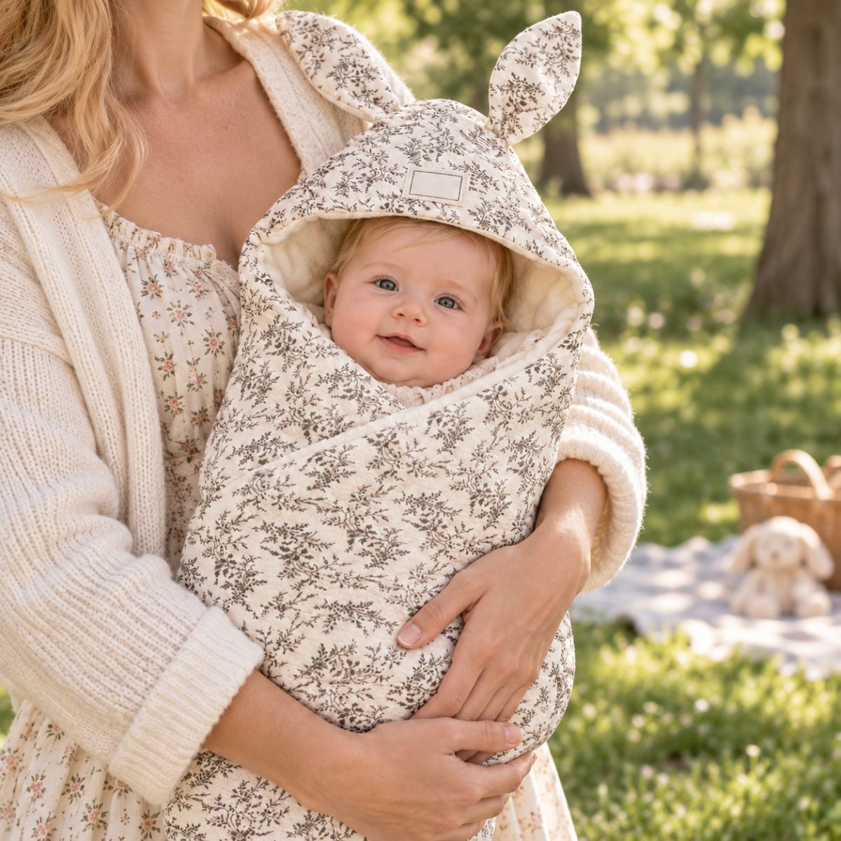 Nid d'ange naissance motif floral avec bébé dans les bras et capuche à oreilles de lapin
