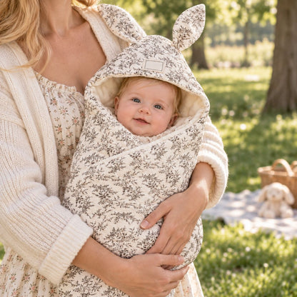 Nid d'ange naissance motif floral avec bébé dans les bras et capuche à oreilles de lapin