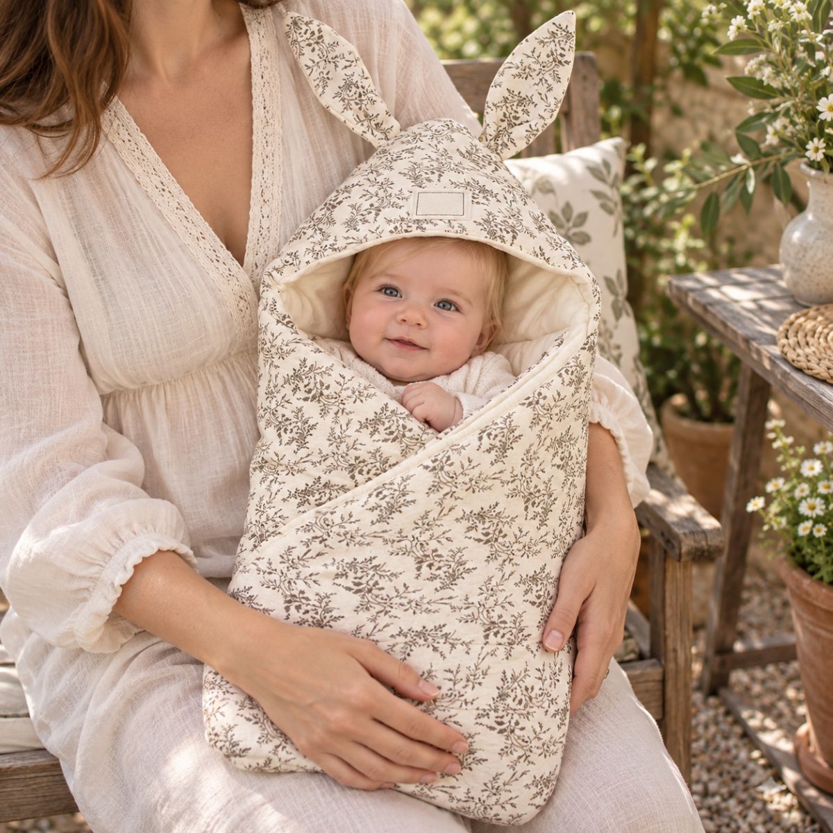 Nid d'ange naissance motif floral porté en extérieur avec capuche à oreilles de lapin