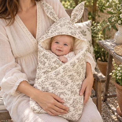 Nid d'ange naissance motif floral porté en extérieur avec capuche à oreilles de lapin