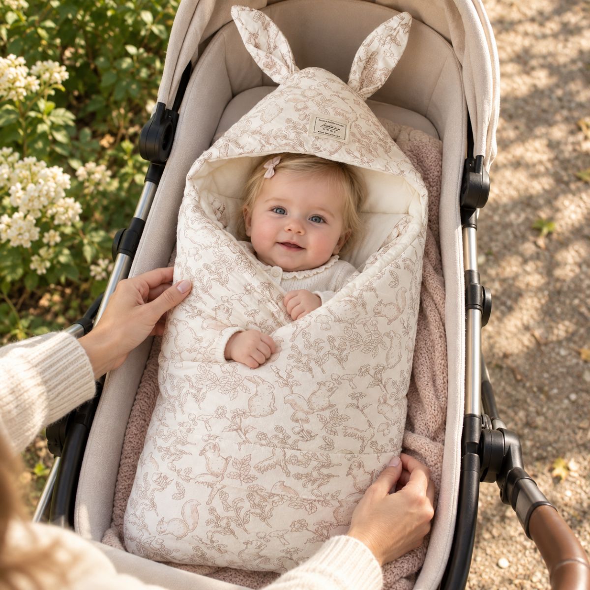 Nid d'ange naissance motif lapins avec capuche à oreilles de lapin