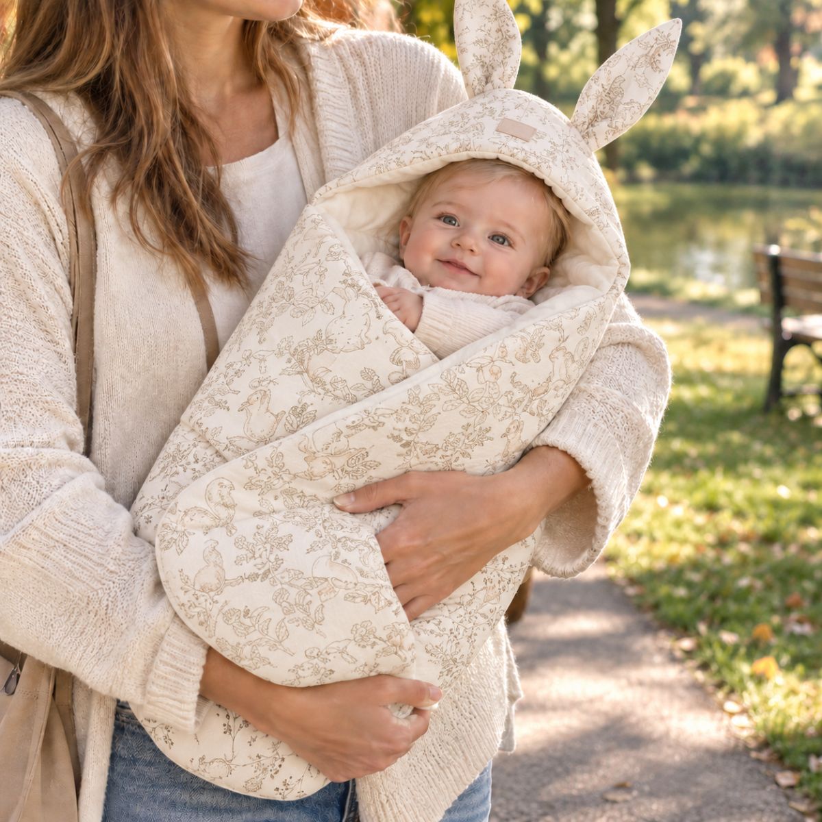 Nid d'ange naissance motif lapins à forme enveloppante