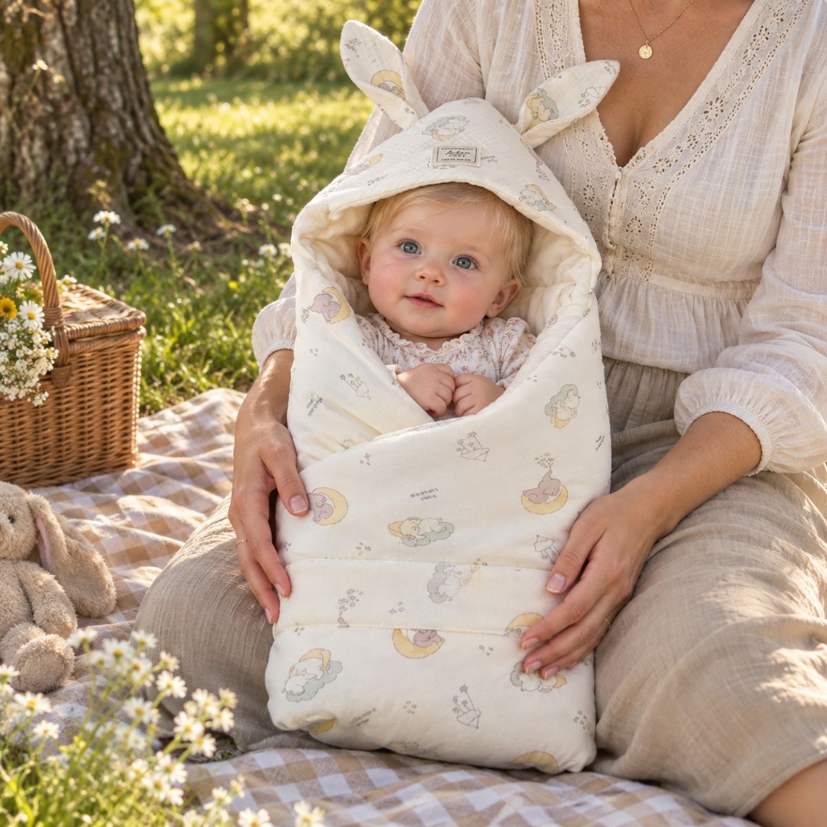 Nid d'ange naissance motif lune avec bébé installé à l’intérieur et capuche à oreilles de lapin