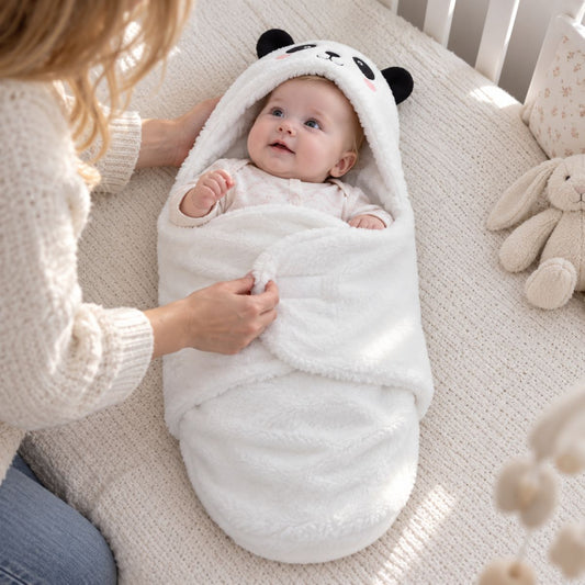 Nid d'ange panda blanc avec motif noir, pans rabattables et fermeture Velcro pendant l'enveloppement