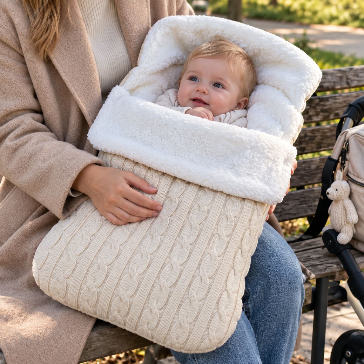 Nid d’ange polaire beige en maille torsadée avec doublure bouclée, bébé porté dans les bras