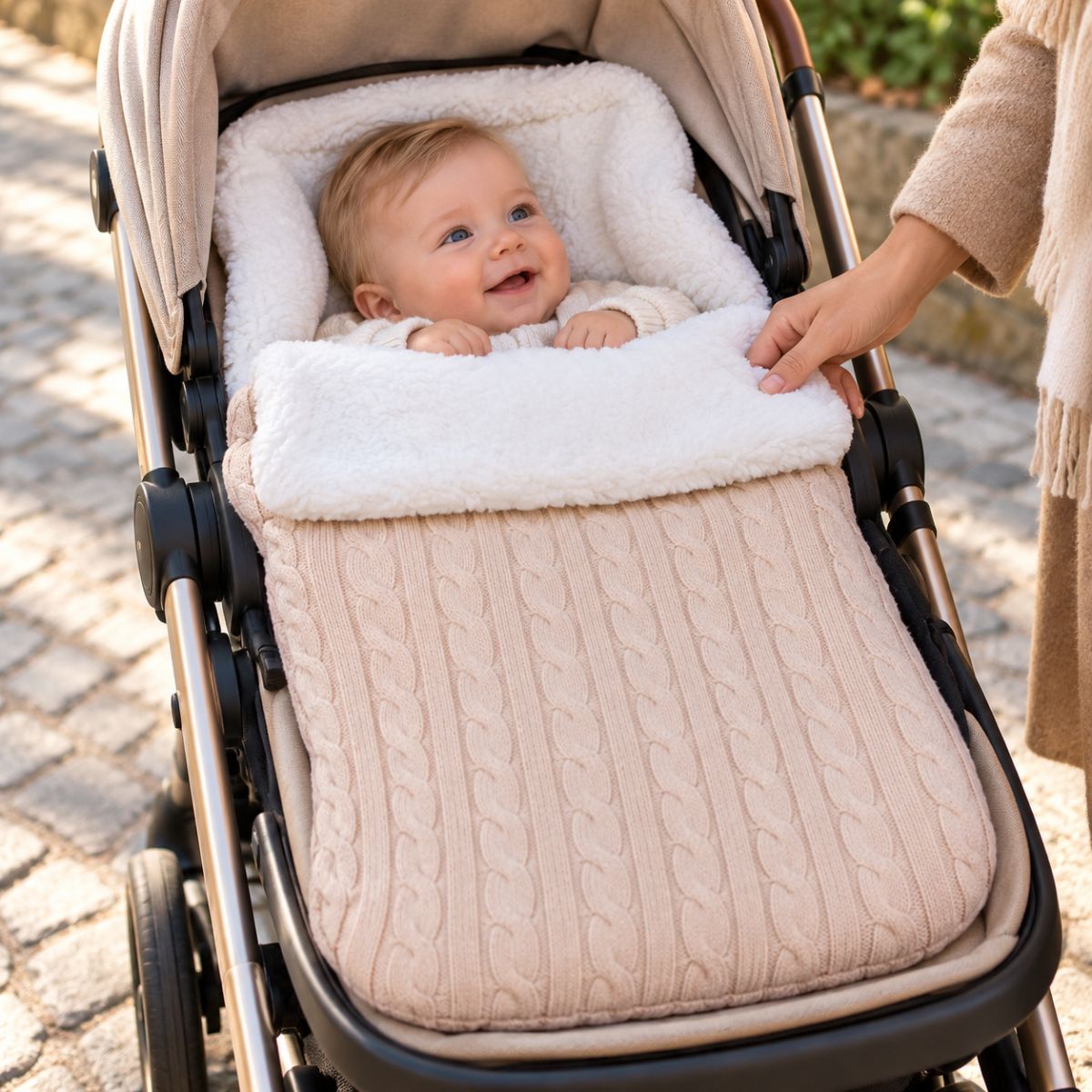 Nid d’ange polaire beige rosé en maille torsadée avec doublure bouclée, bébé installé dans une poussette