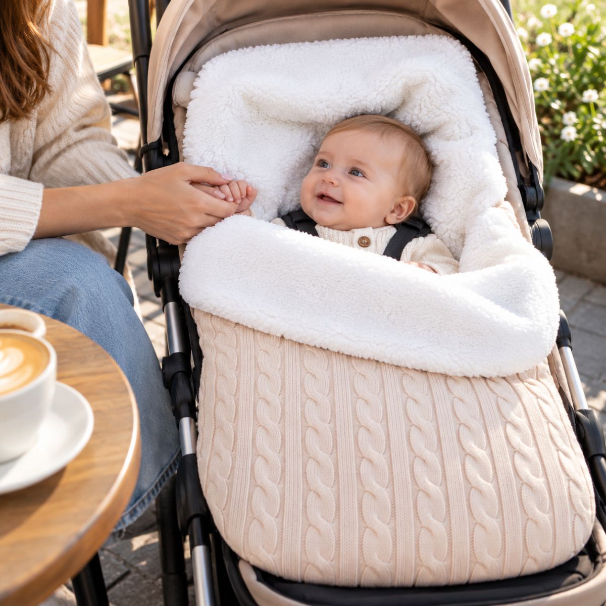 Nid d’ange polaire beige rosé en maille torsadée avec large doublure bouclée, bébé installé dans une poussette
