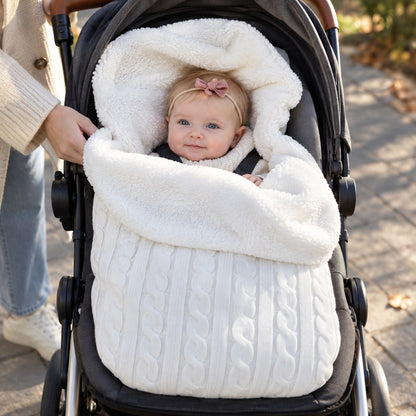 Nid d’ange polaire blanc cassé en maille torsadée avec doublure bouclée, installé dans une poussette avec bébé