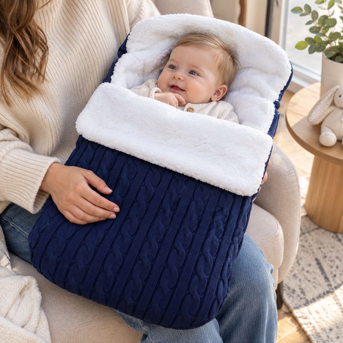 Nid d’ange polaire bleu marine en maille torsadée avec doublure bouclée, bébé porté dans les bras