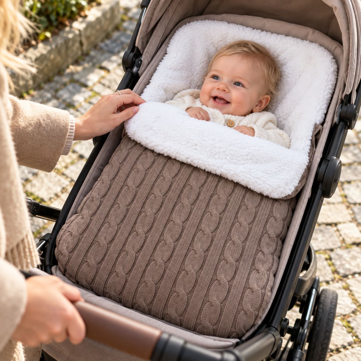 Nid d’ange polaire kaki en maille torsadée avec doublure bouclée, bébé installé dans une poussette