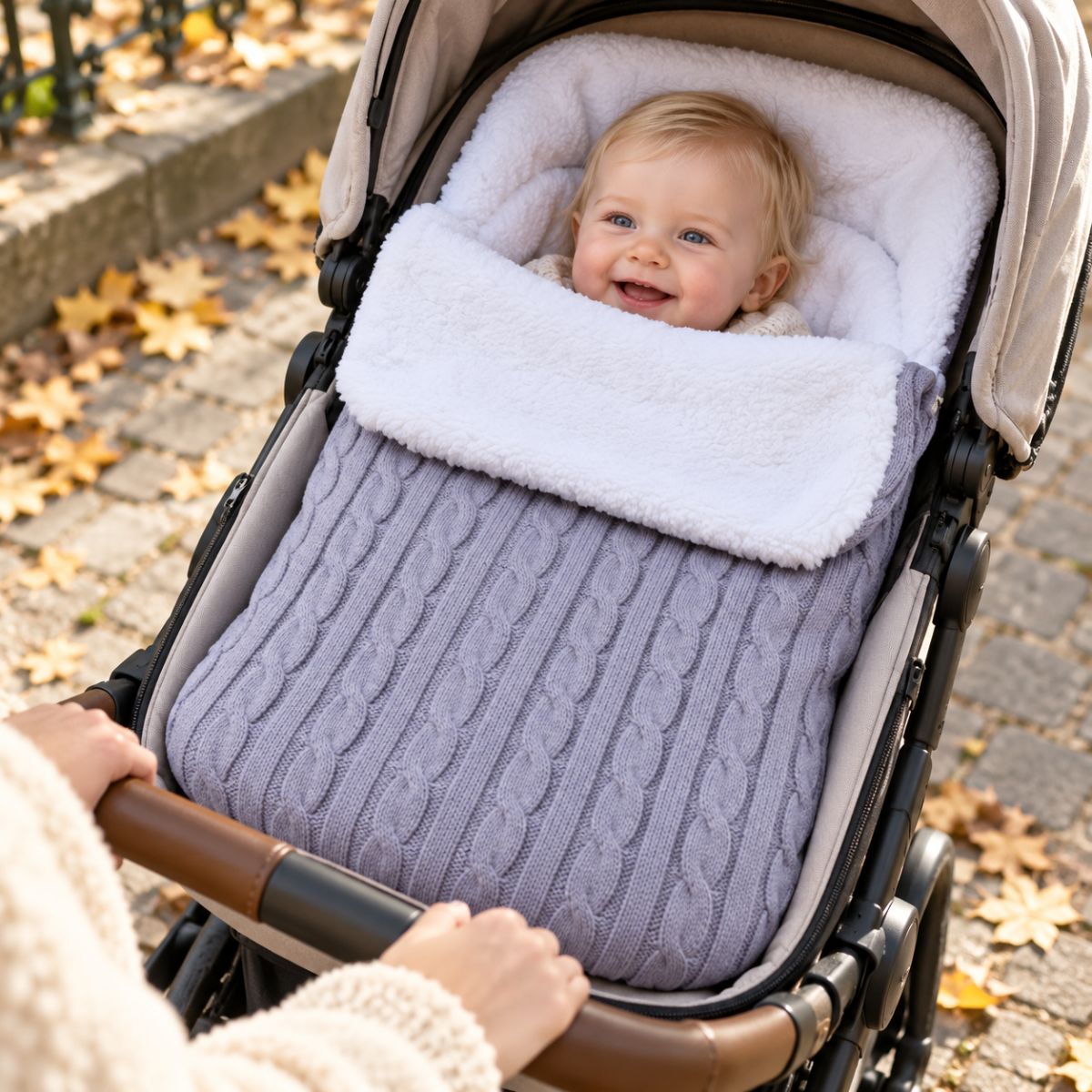 Nid d’ange polaire gris clair en maille torsadée avec doublure bouclée, bébé installé dans une poussette