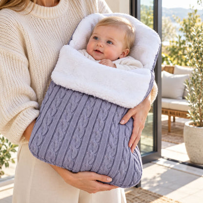 Nid d’ange polaire gris clair en maille torsadée avec doublure bouclée, bébé porté dans les bras