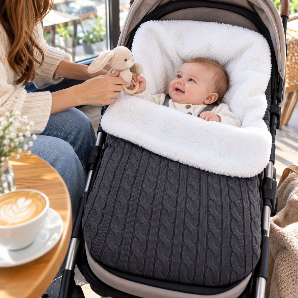 Nid d’ange polaire gris foncé en maille torsadée avec doublure bouclée blanche, bébé installé dans une poussette