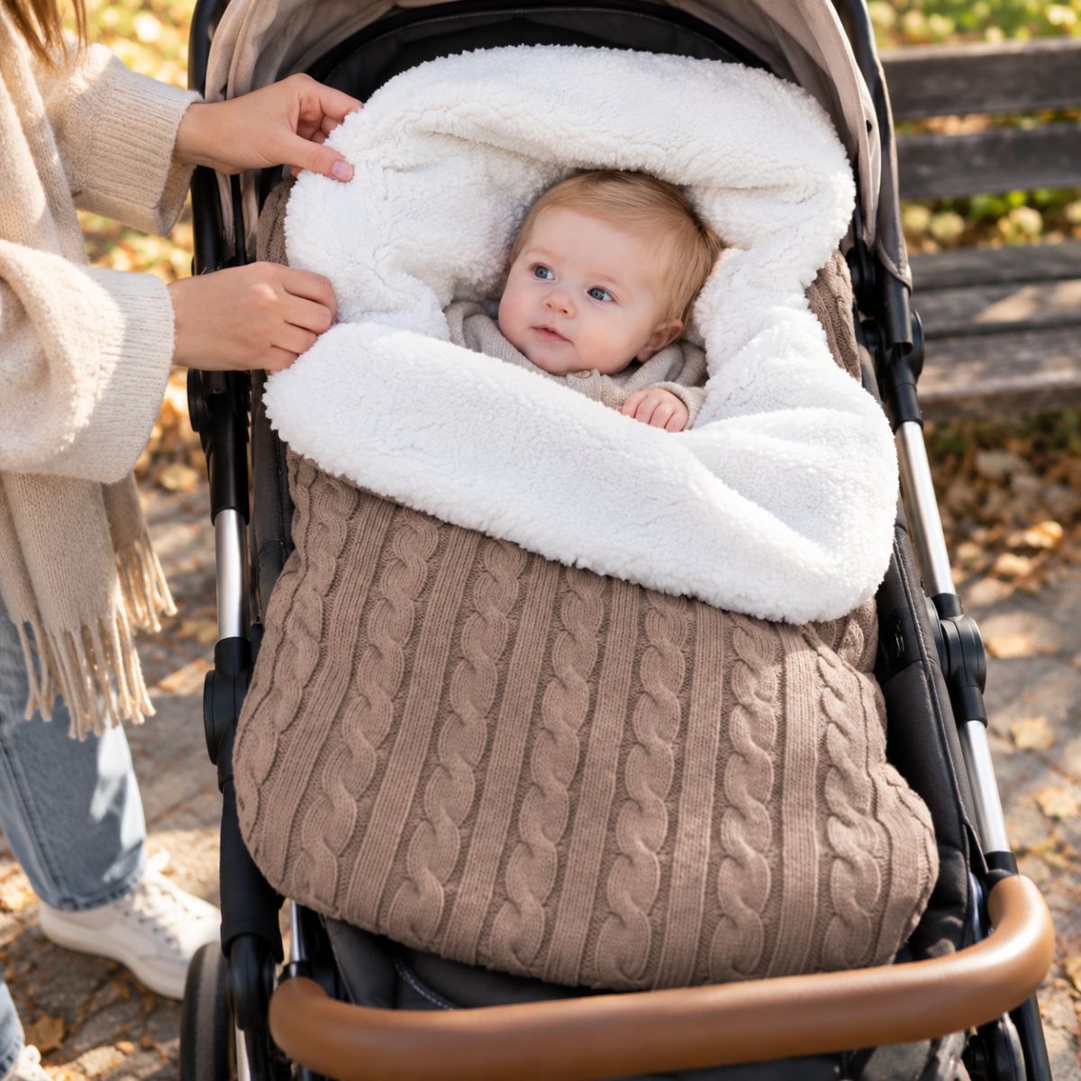 Nid d’ange polaire kaki en maille torsadée avec large doublure bouclée, bébé installé dans une poussette