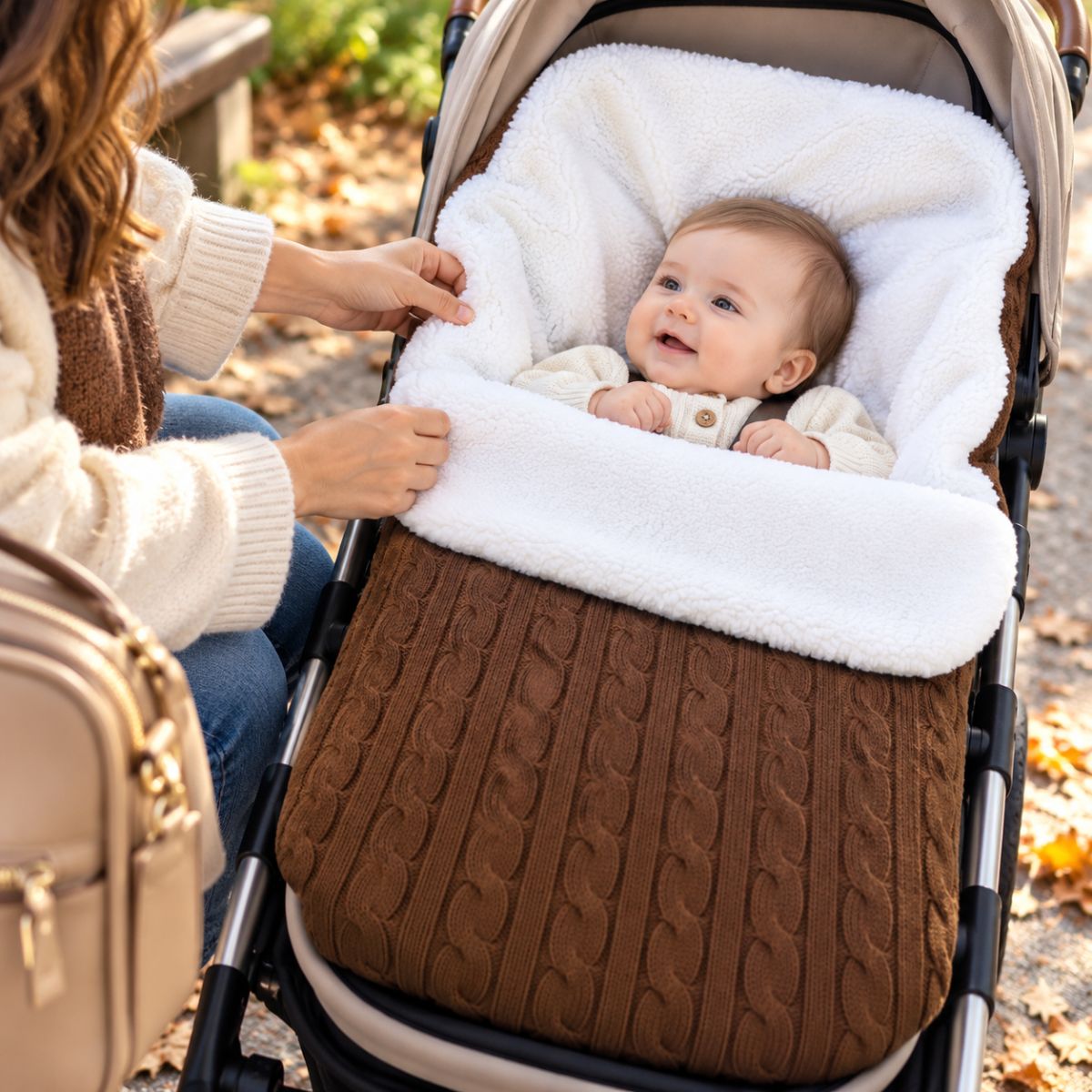 Nid d’ange polaire marron en maille torsadée avec doublure bouclée blanche, bébé installé à l’intérieur