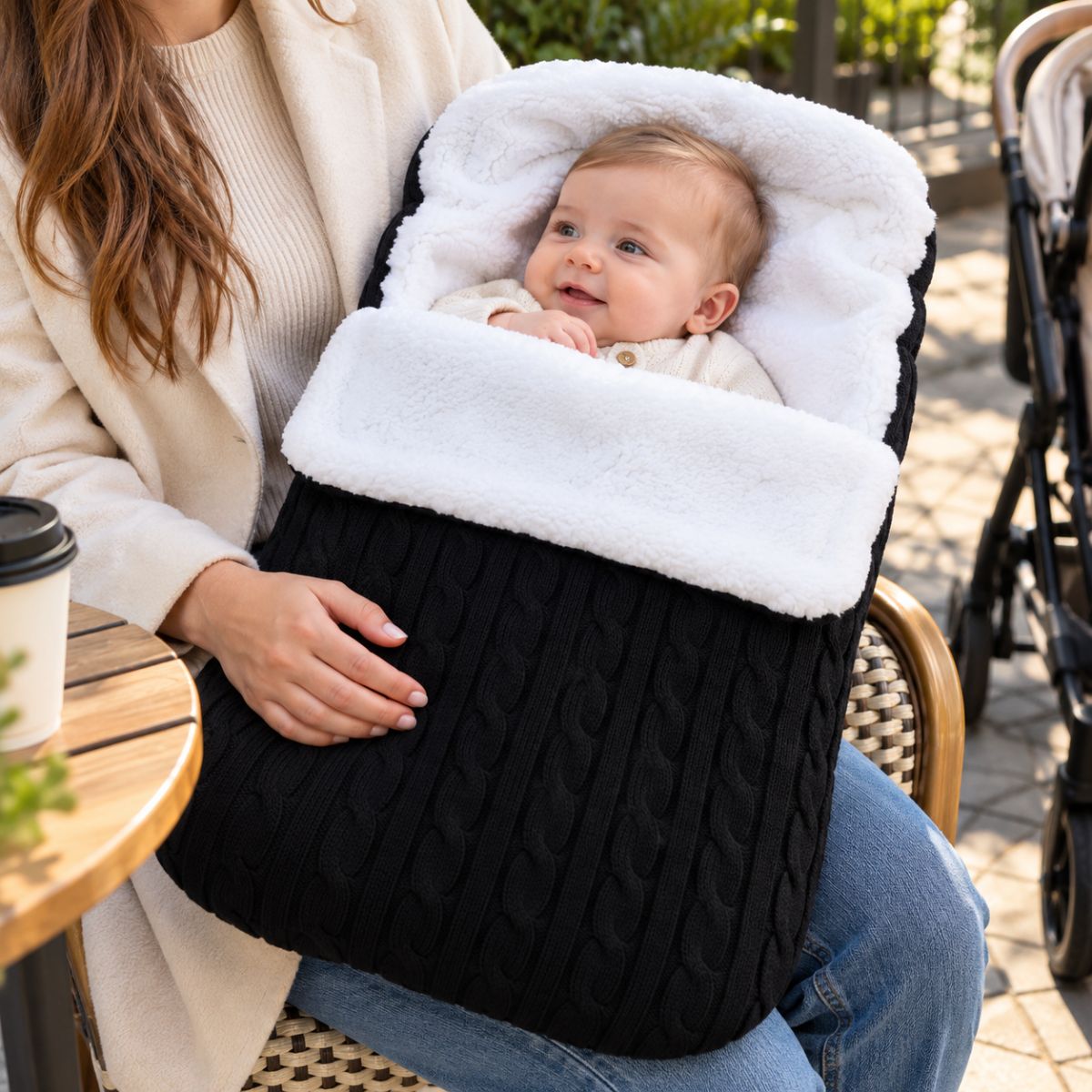 Nid d’ange polaire noir en maille torsadée avec doublure bouclée blanche, bébé installé à l’intérieur