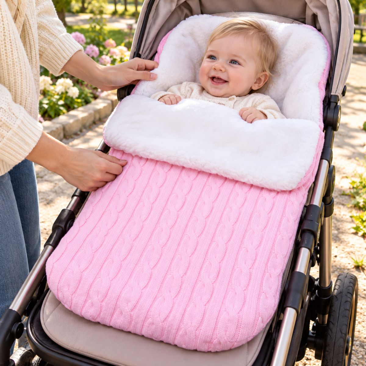 Nid d’ange polaire rose clair en maille torsadée avec doublure bouclée blanche, bébé installé dans une poussette