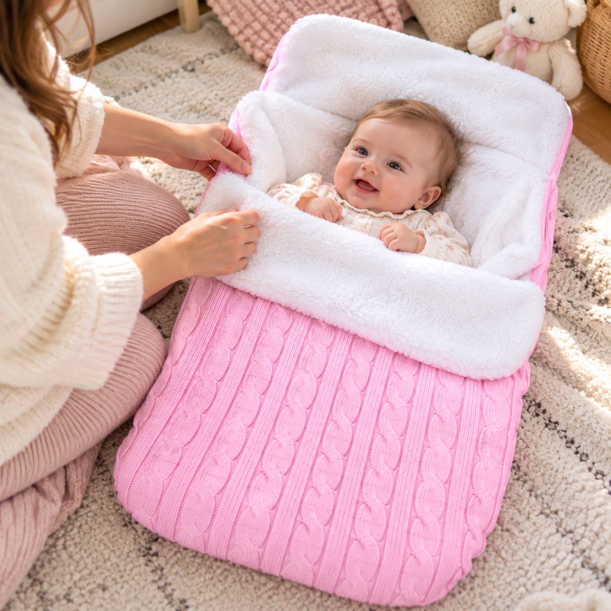 Nid d’ange polaire rose clair en maille torsadée avec doublure bouclée blanche, bébé installé à l’intérieur