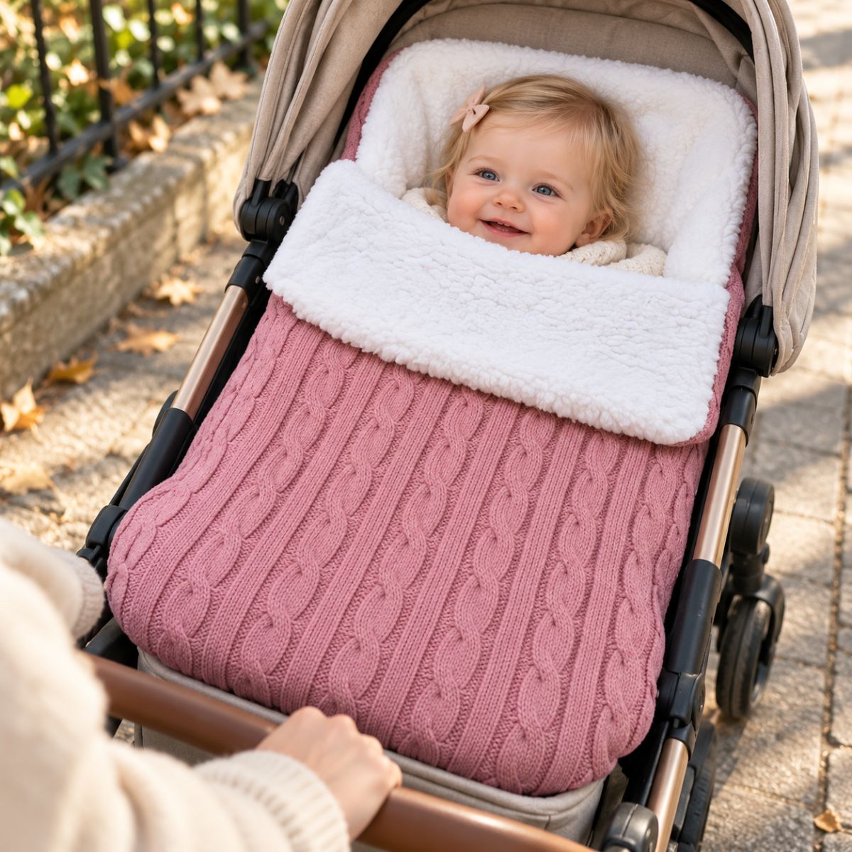 Nid d’ange polaire rose poudré en maille torsadée avec doublure bouclée, bébé installé dans une poussette
