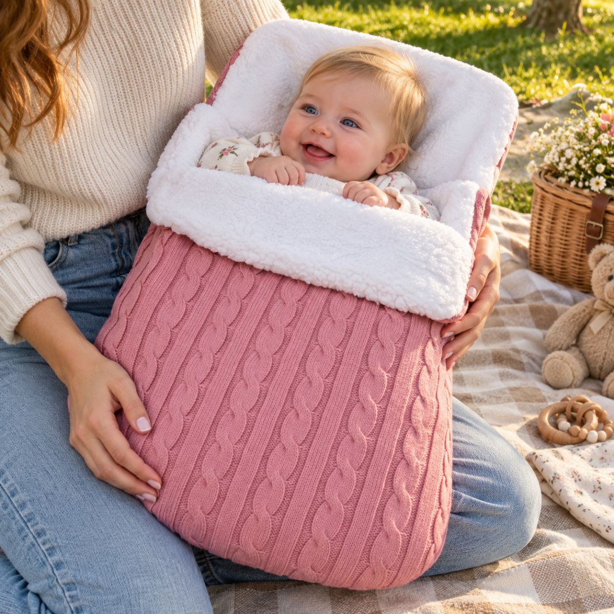 Nid d’ange polaire rose poudré en maille torsadée avec doublure bouclée, bébé porté dans les bras