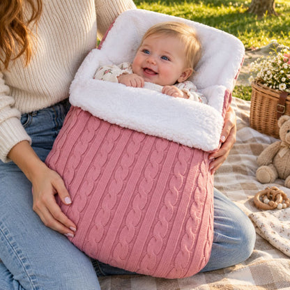 Nid d’ange polaire rose poudré en maille torsadée avec doublure bouclée, bébé porté dans les bras