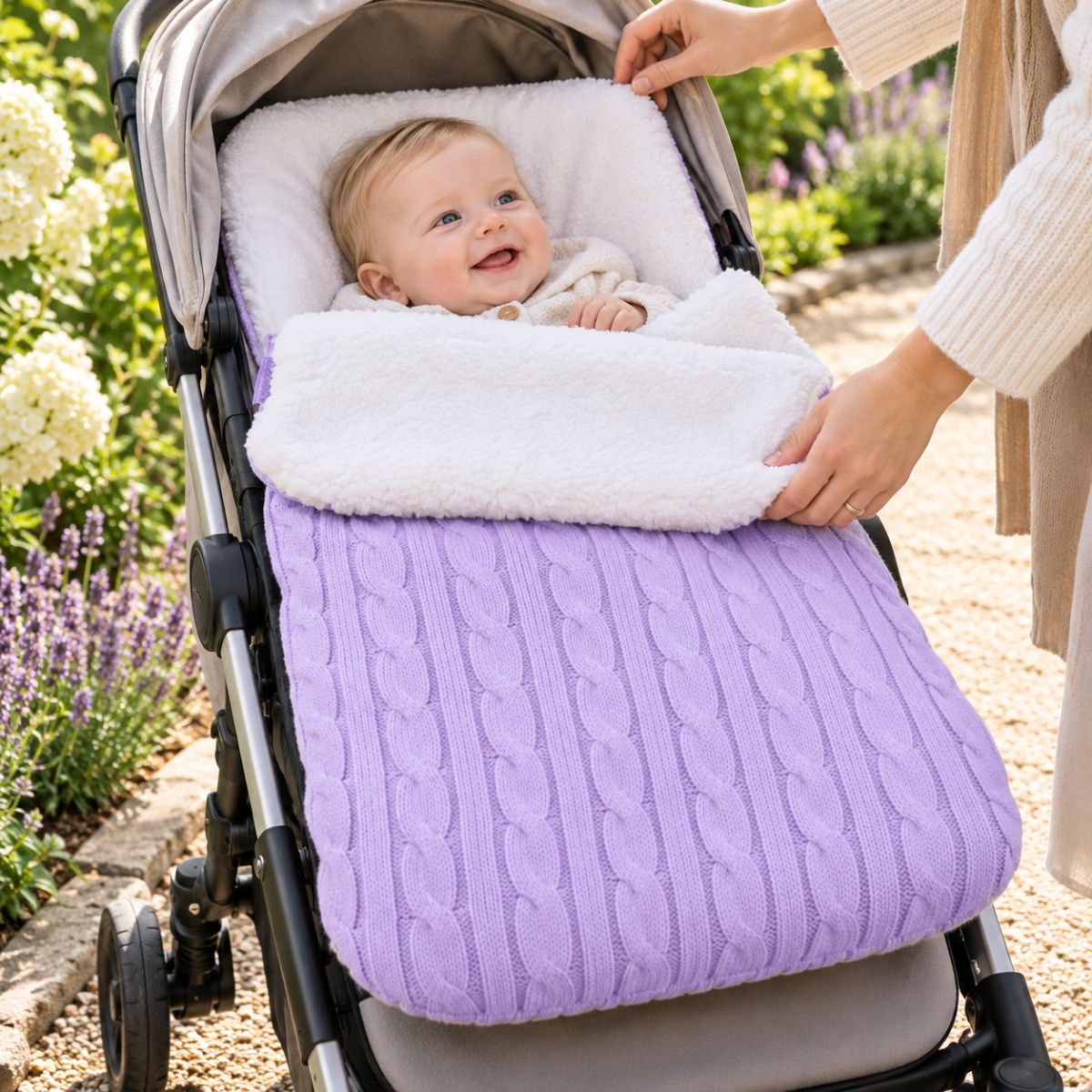 Nid d’ange polaire violet clair en maille torsadée avec doublure bouclée, bébé installé dans une poussette