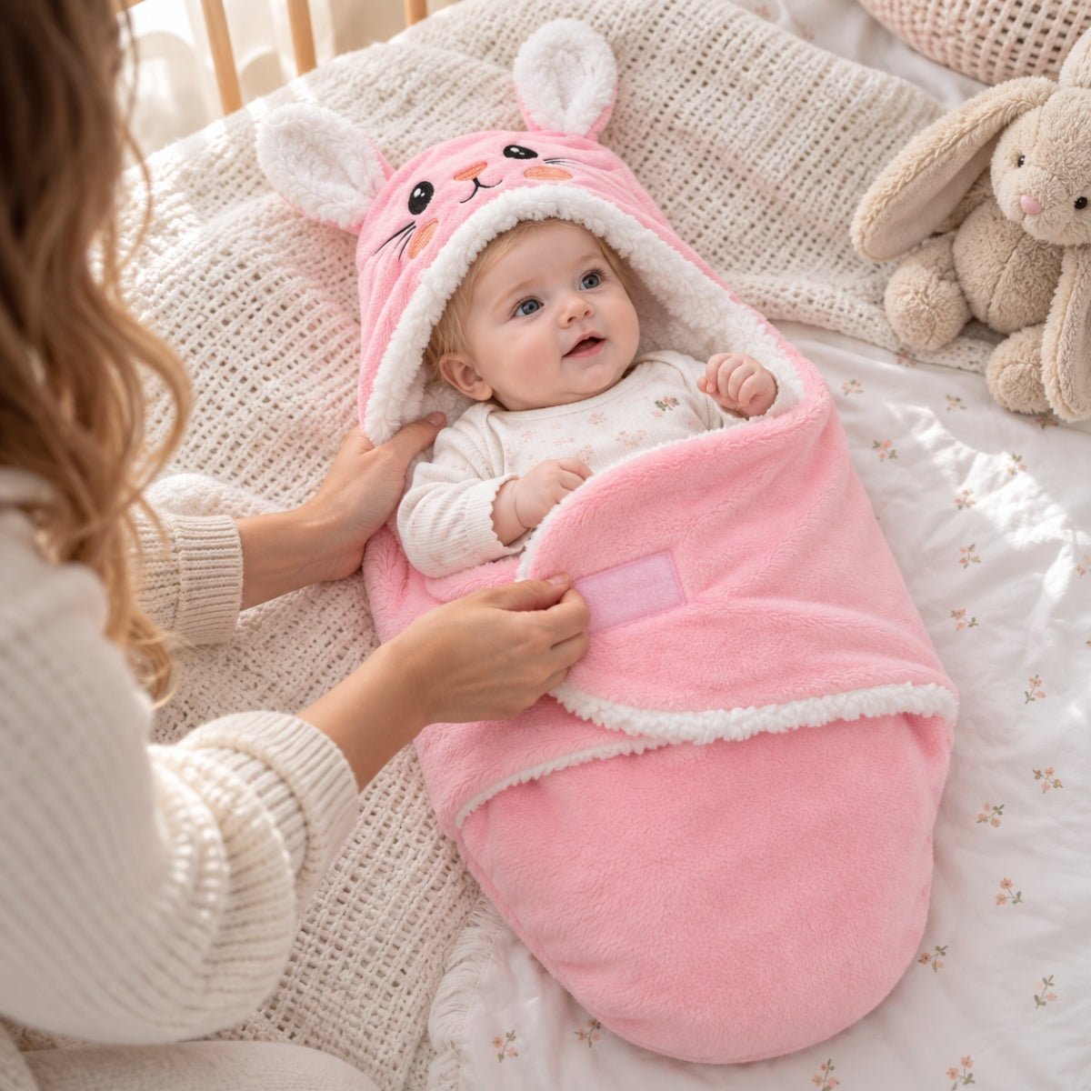 Nid d'ange rose à motif lapin avec pans rabattables et fermeture Velcro pendant l'installation