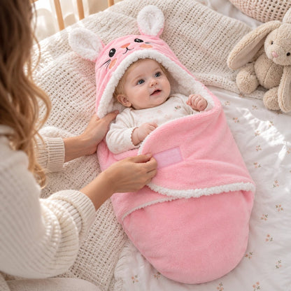 Nid d'ange rose à motif lapin avec pans rabattables et fermeture Velcro pendant l'installation