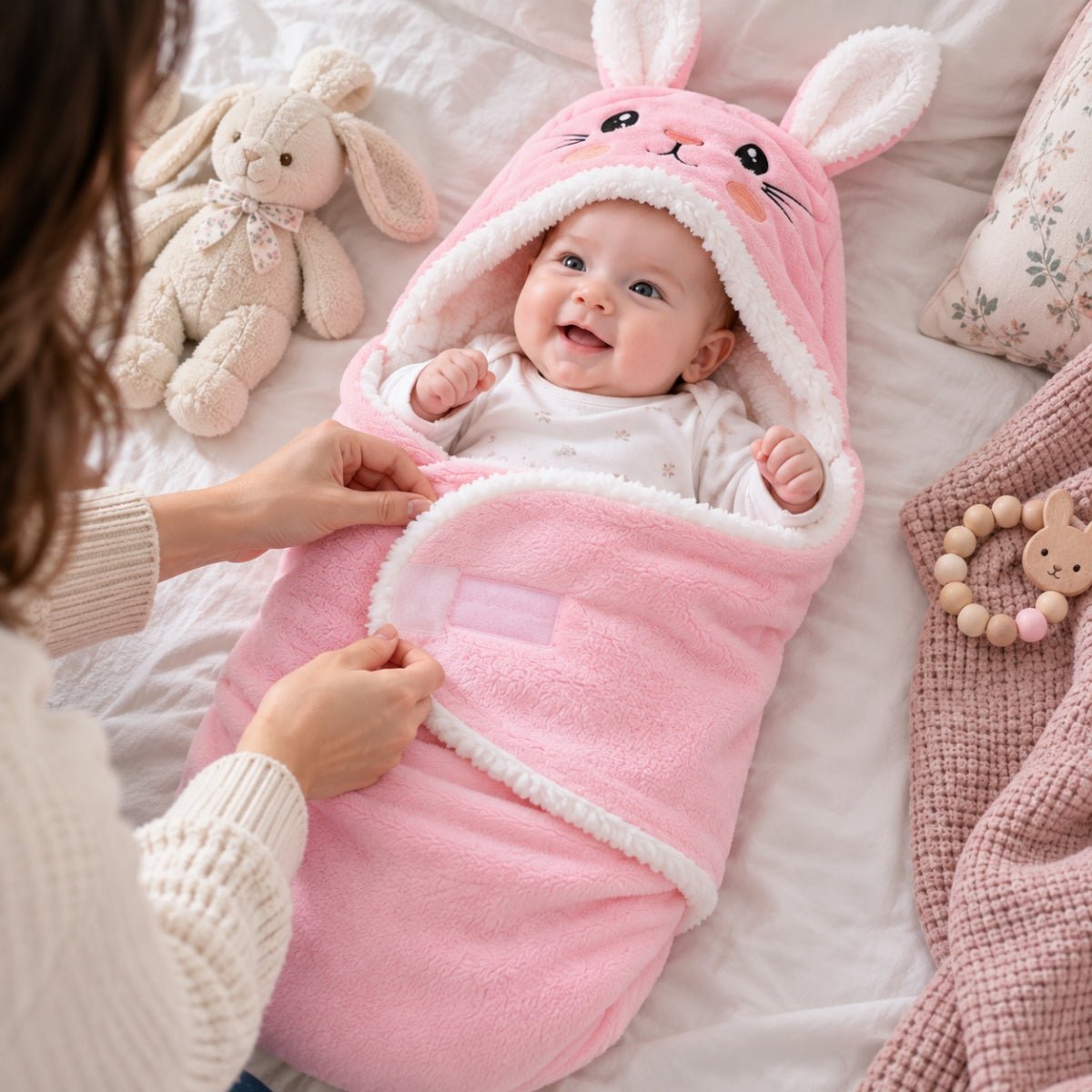 Nid d'ange rose en flanelle avec fermeture Velcro et pans rabattables autour de bébé