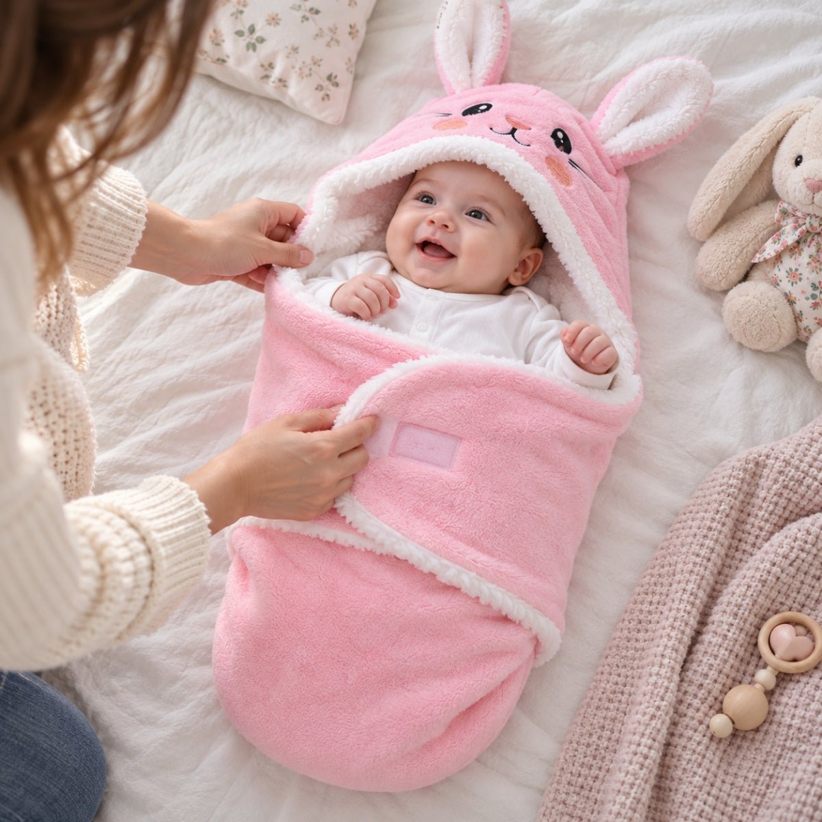 Nid d'ange rose à motif lapin avec pans rabattables et détails blancs pendant l'enveloppement