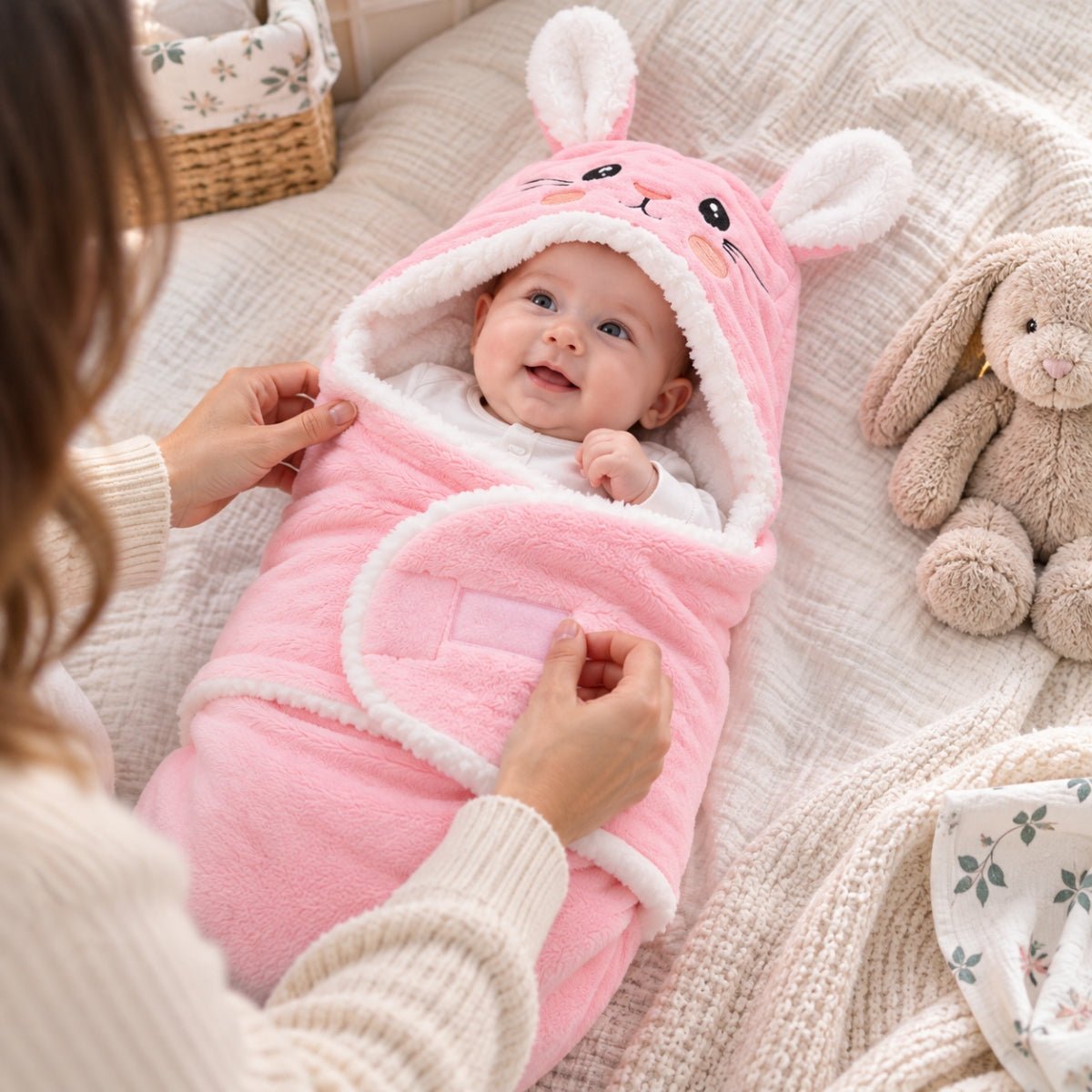 Nid d'ange rose en flanelle avec motif lapin et fermeture Velcro visible sur le pan avant