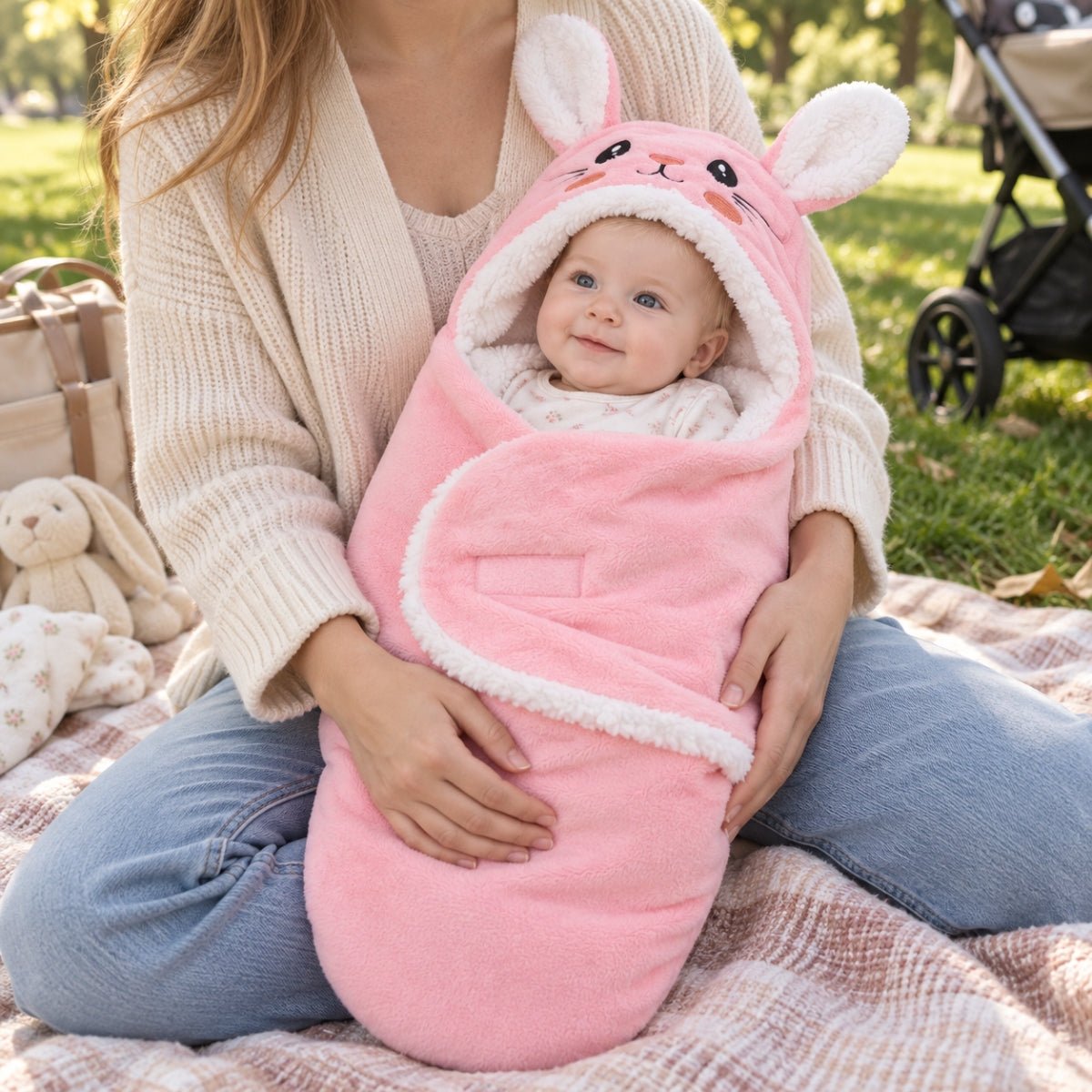 Nid d'ange rose en flanelle à motif lapin avec forme enveloppante, porté dans les bras