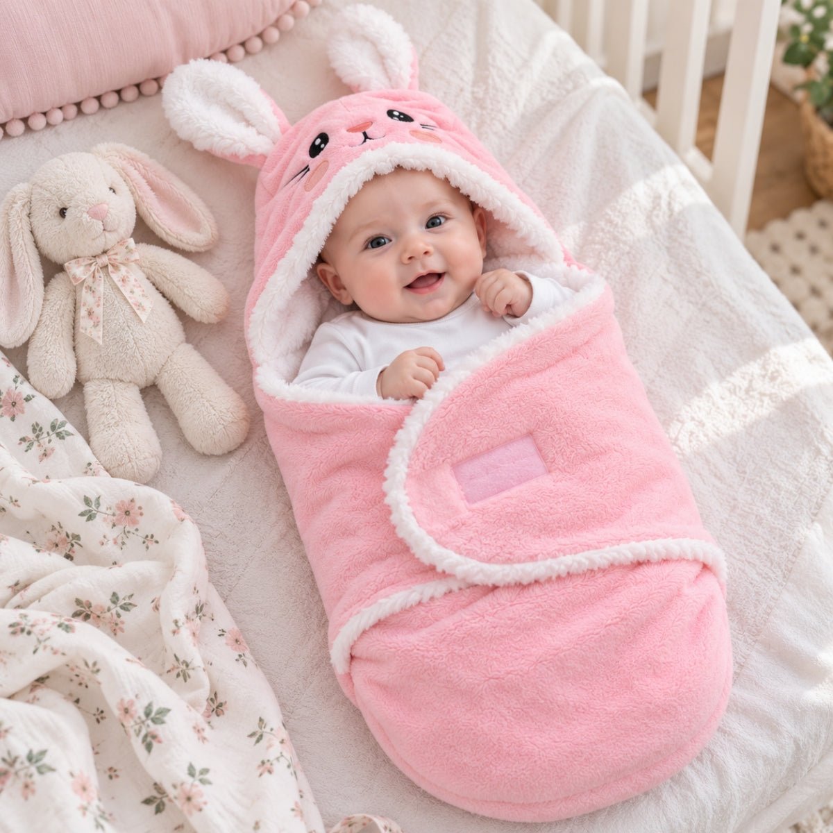 Nid d'ange rose à motif lapin avec forme enveloppante, longues oreilles et détails blancs