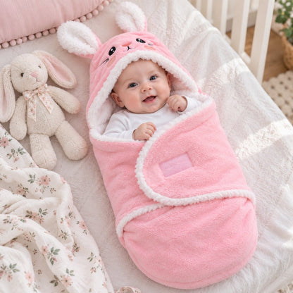 Nid d'ange rose à motif lapin avec forme enveloppante, longues oreilles et détails blancs