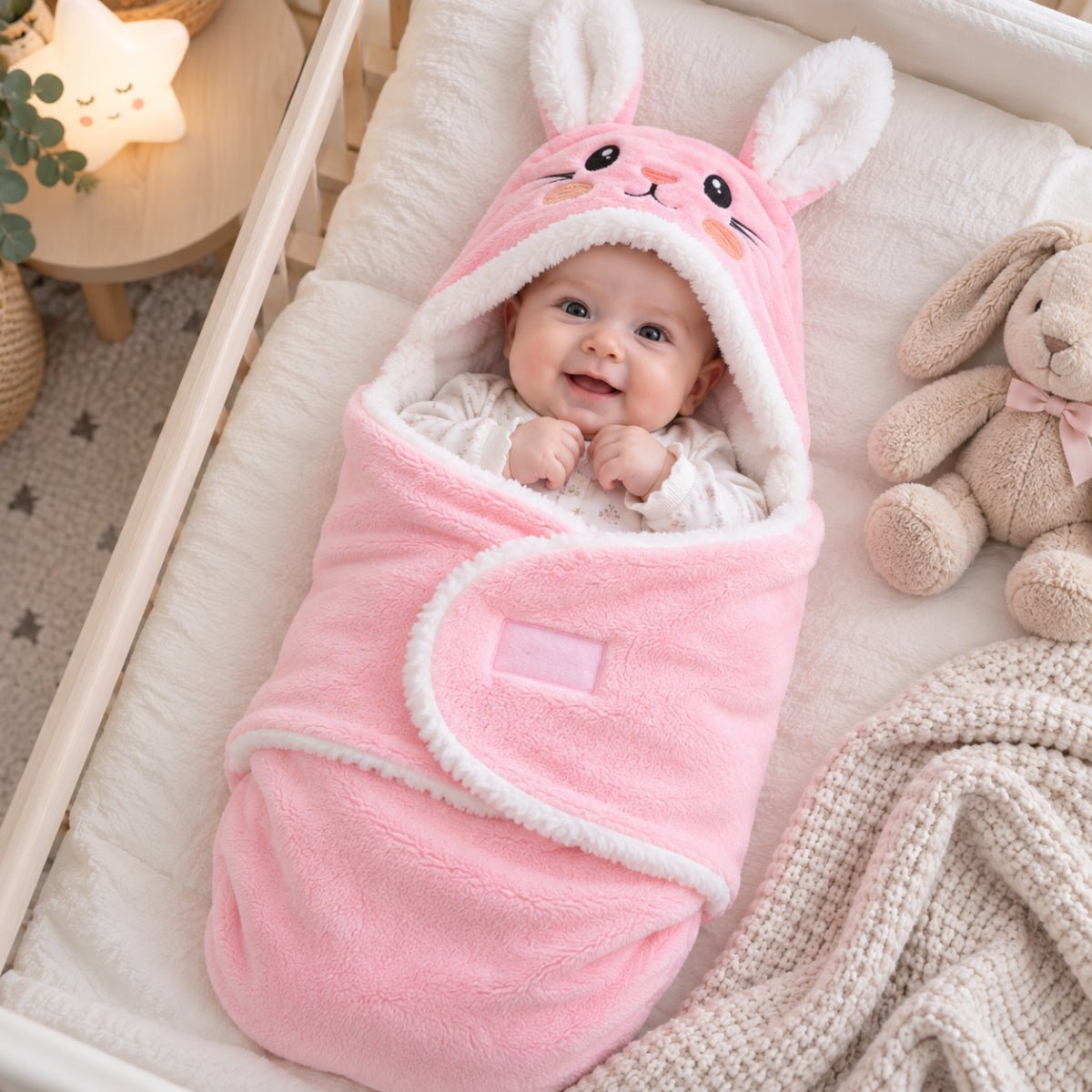 Nid d'ange rose en flanelle à motif lapin avec longues oreilles, présenté dans un berceau