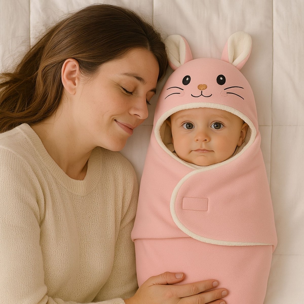Maman allongée à côté de son bébé enveloppé dans un nid d’ange rose pastel, moment de tendresse partagé