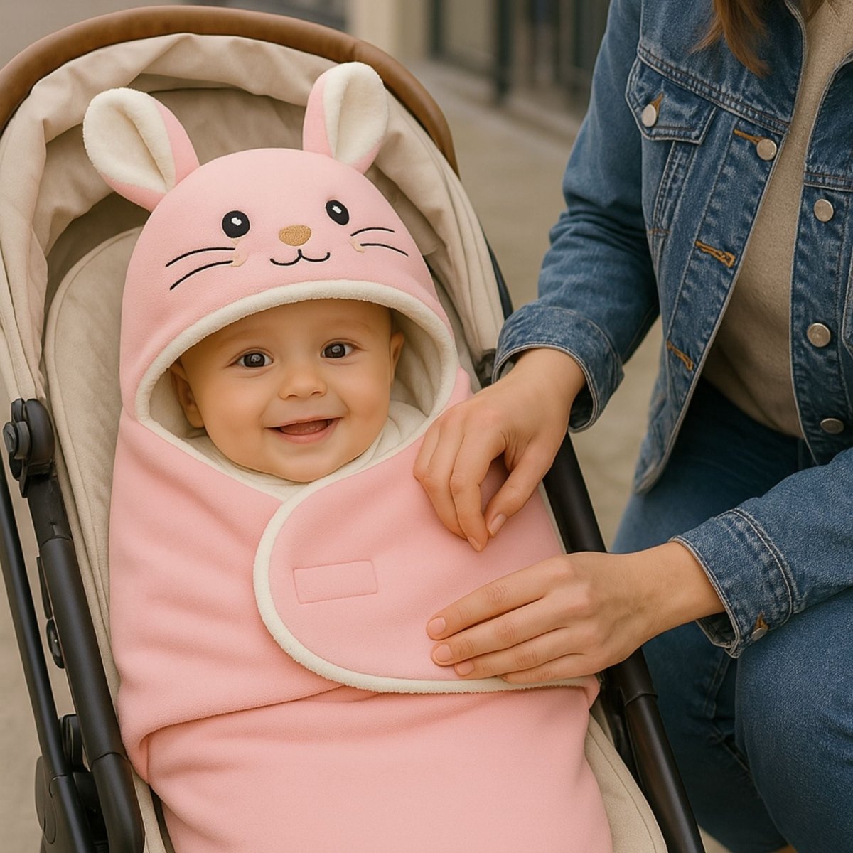 Bébé dans une poussette, enveloppé dans un nid d’ange rose pastel à capuche oreilles, accompagné d’un adulte souriant