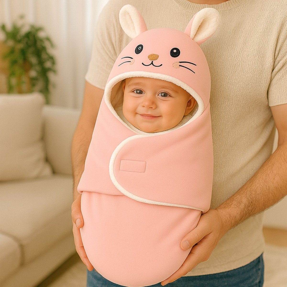 Bébé souriant dans un nid d’ange rose pastel tenu dans les bras d’un adulte en intérieur lumineux