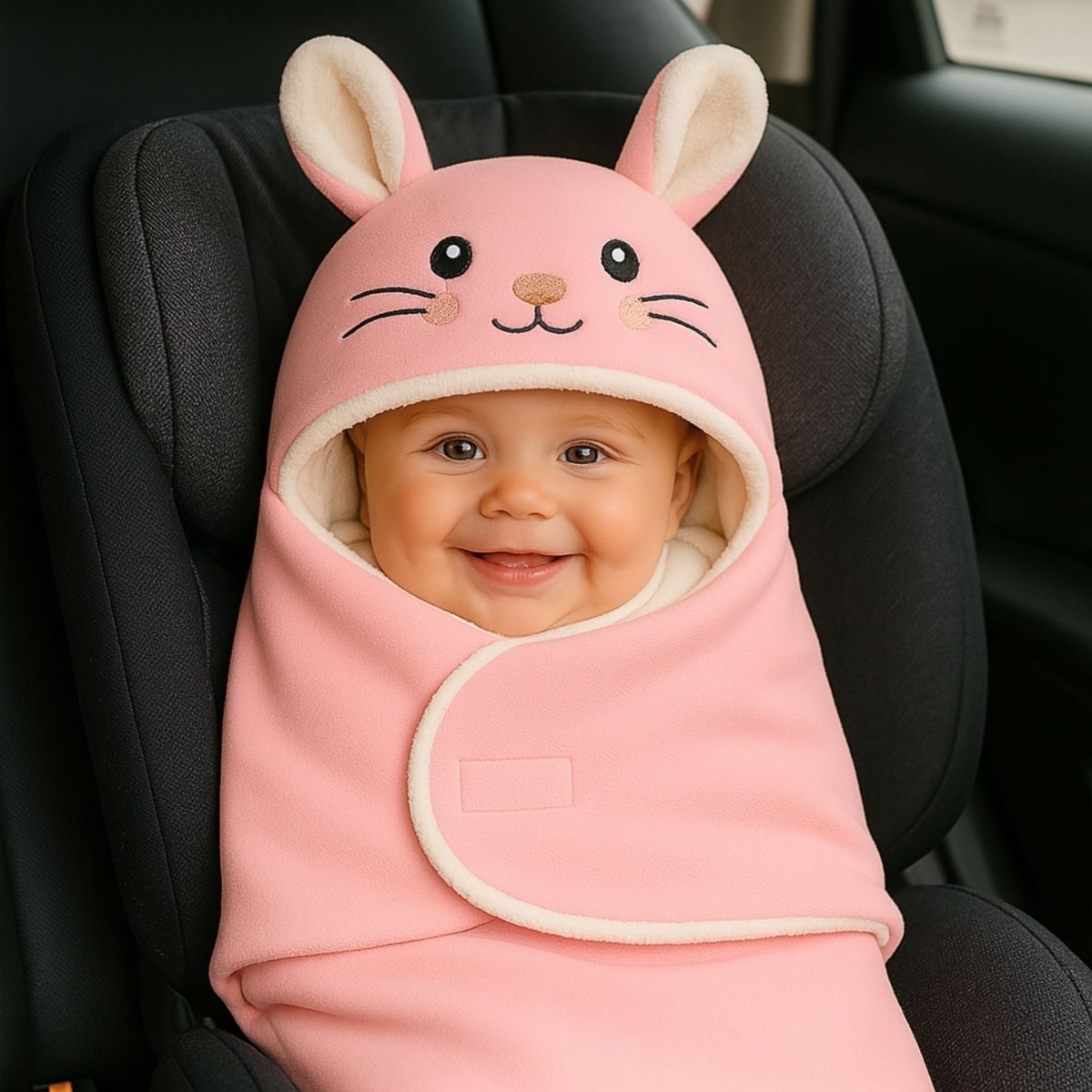 Bébé souriant dans un siège auto, enveloppé dans un nid d’ange rose pastel à capuche oreilles