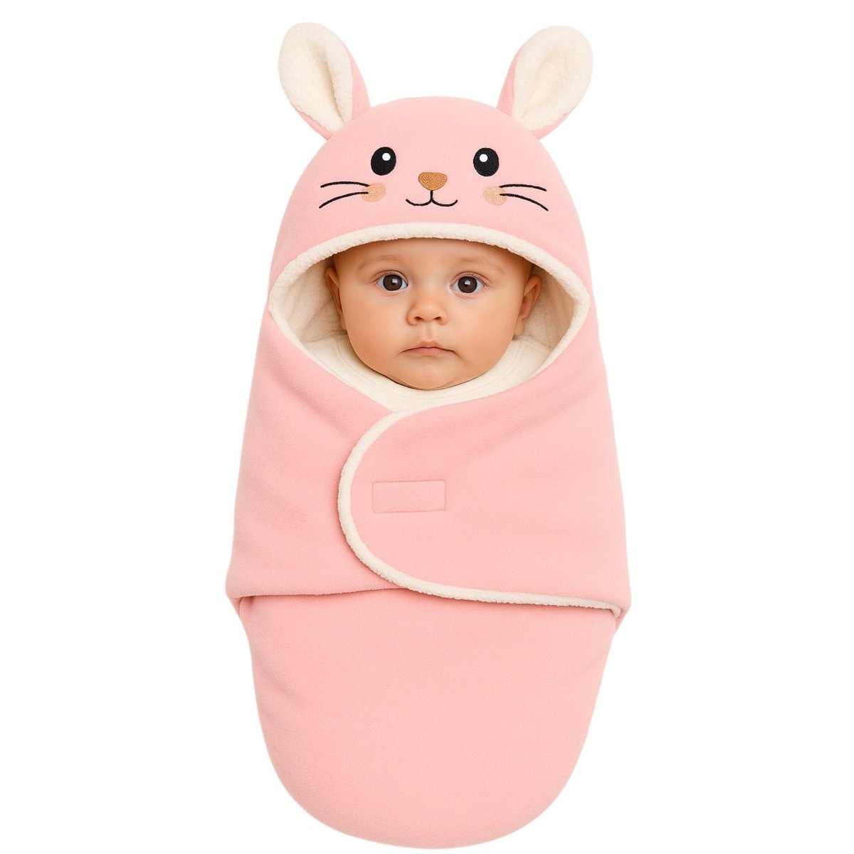 Bébé emmailloté dans un nid d’ange rose pastel en forme de lapin, regardant calmement face à l’objectif