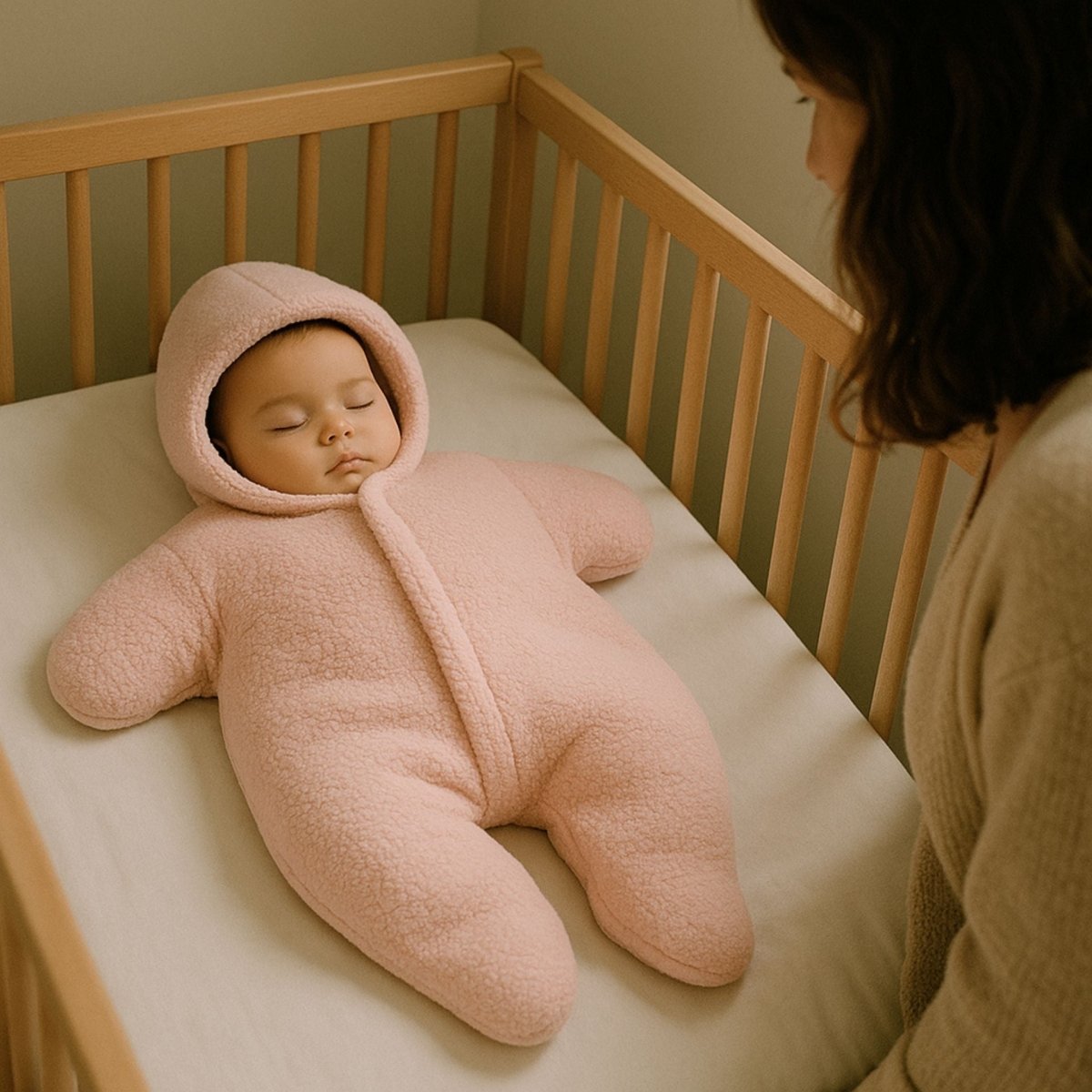 nid d’ange rose poudré utilisé pour le sommeil, bébé allongé dans un lit avec tissu doux et ambiance calme sans motif
