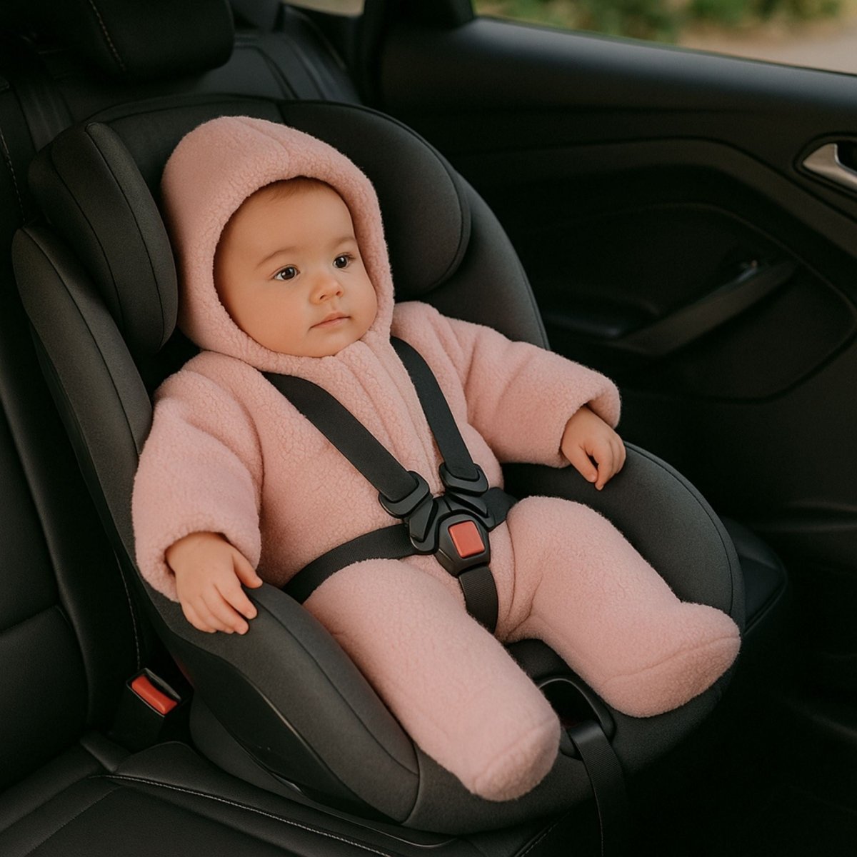 nid d’ange rose poudré avec harnais sécurisé, bébé installé confortablement en siège auto sans motif visuel stimulant
