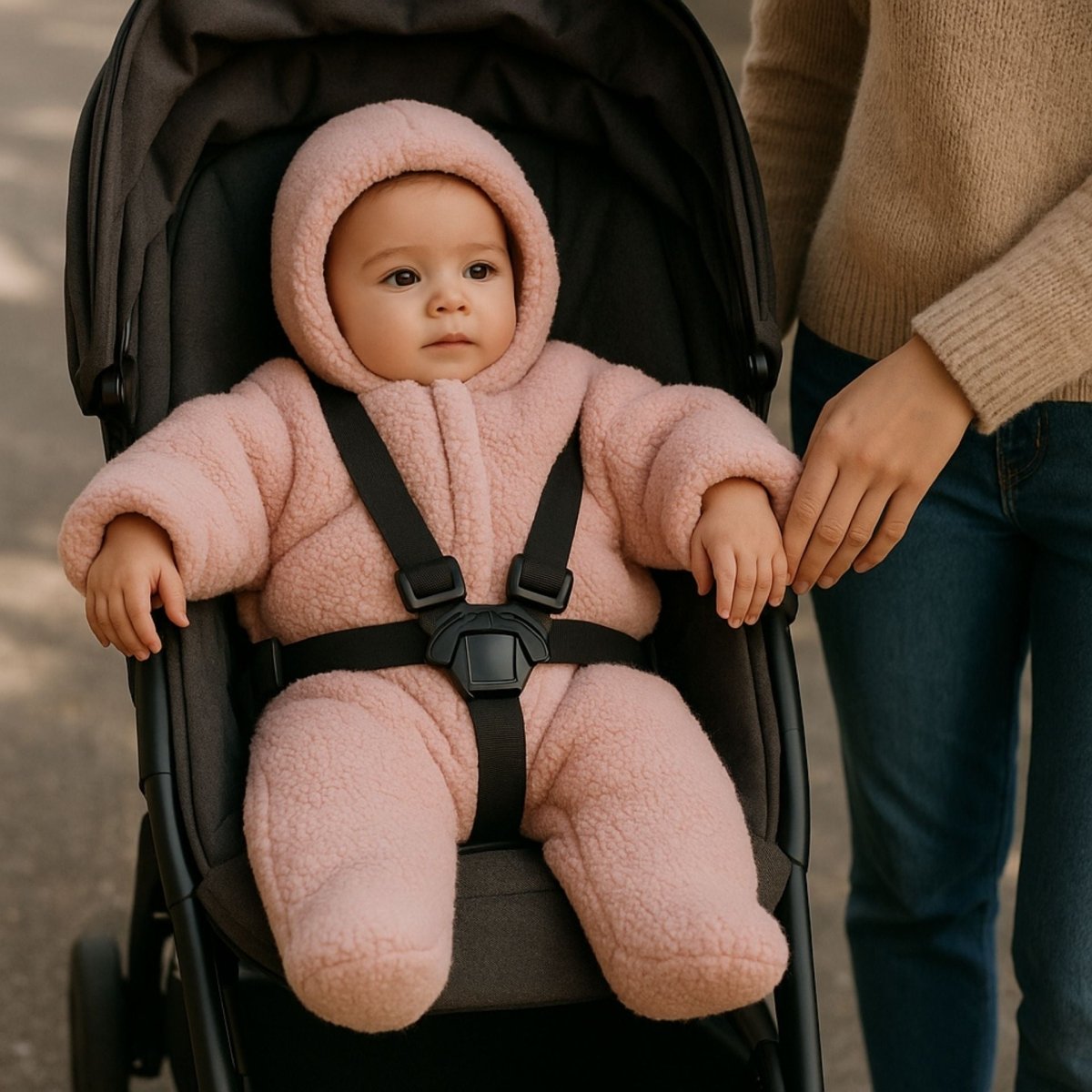 nid d’ange rose poudré utilisé en poussette, bébé attaché avec harnais pour une sortie douce sans distraction visuelle
