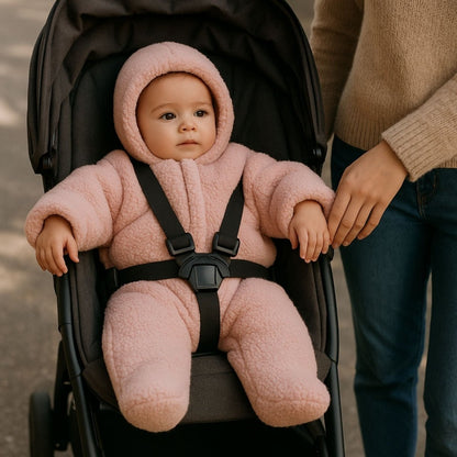 nid d’ange rose poudré utilisé en poussette, bébé attaché avec harnais pour une sortie douce sans distraction visuelle
