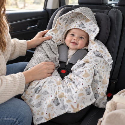 Nid d'ange siège auto motif chouette grise installé dans un siège auto avec sangles visibles