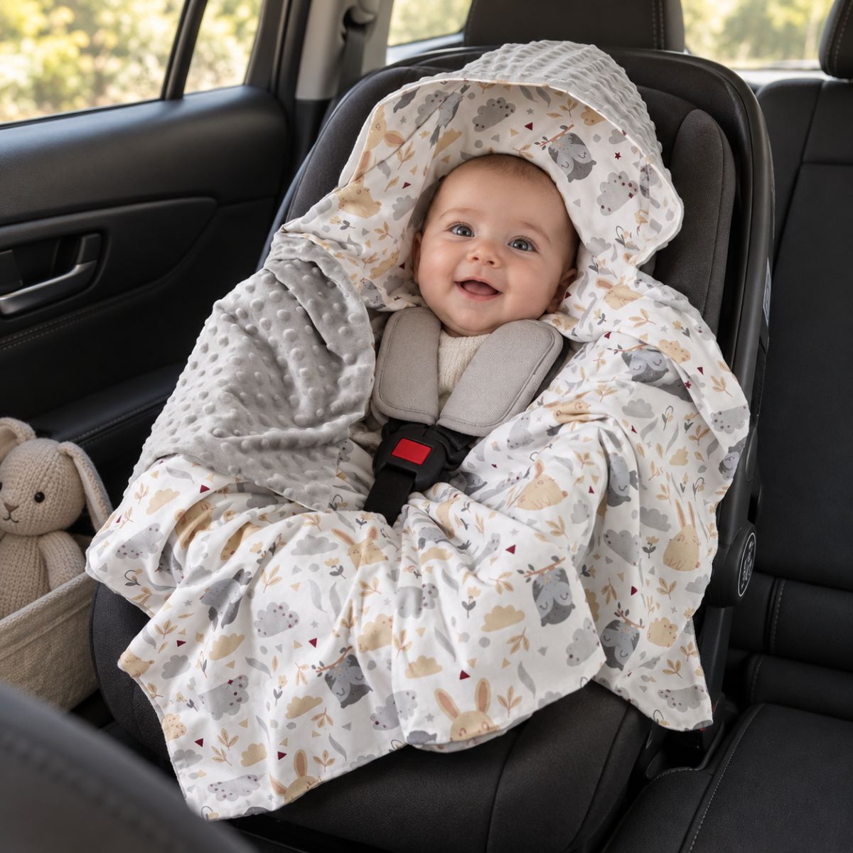 Nid d'ange siège auto motif chouette grise avec capuche intégrée et système de retenue accessible