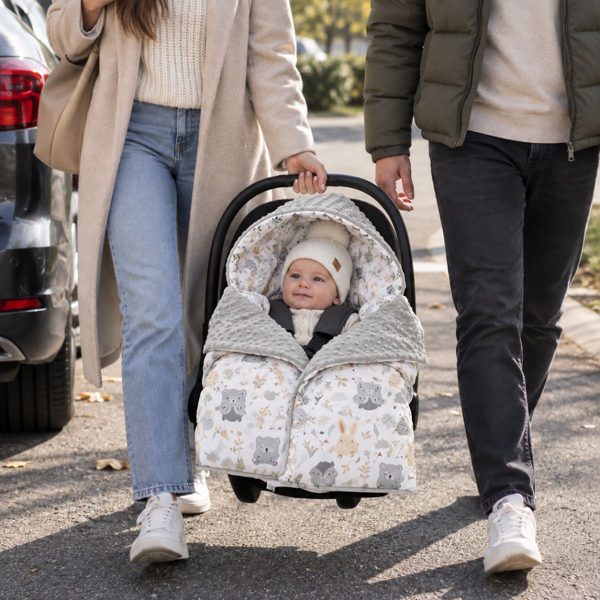 Nid d'ange siège auto motif chouette grise avec forme enveloppante et capuche intégrée dans une coque bébé