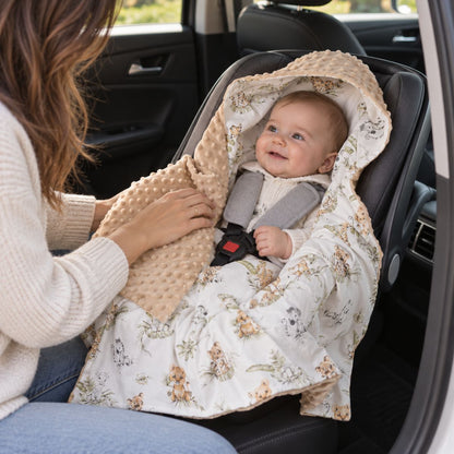 Nid d'ange siège auto motif lion kaki avec capuche intégrée et système de retenue accessible