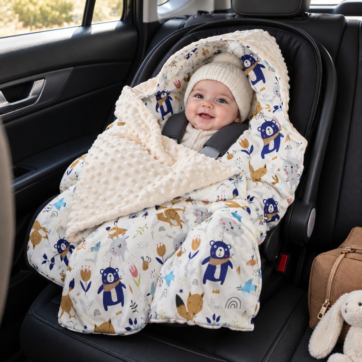 Nid d'ange siège auto motif ours blanc installé dans un siège auto avec capuche intégrée et sangles visibles